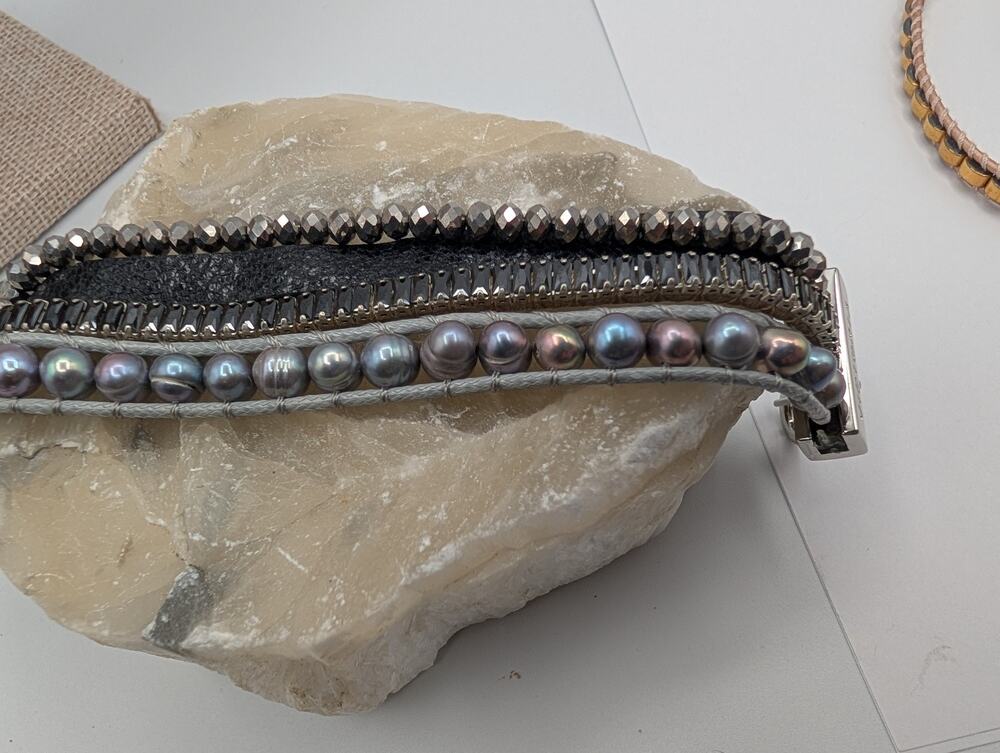 Victoria Emerson Multi-Strand Wrap Bracelet Gray Pearls & Black Beads